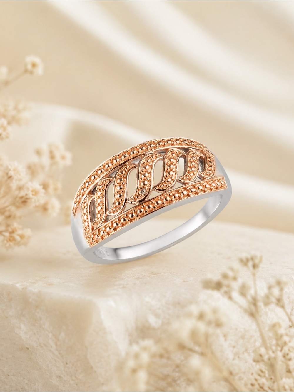 Natural Champagne Diamond Accent Swirl Ring Rose Gold & Platinum Bond Brass